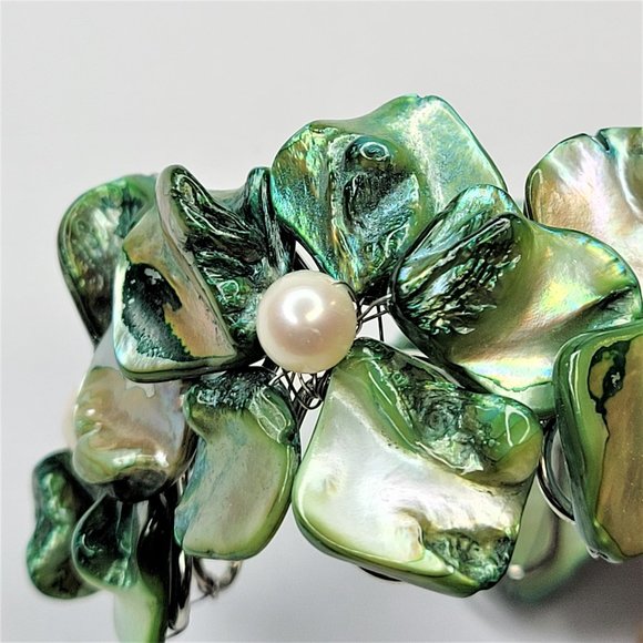 Green Pearl Adjustable Cuff Bangle Bracelet- NEW - Picture 10 of 13